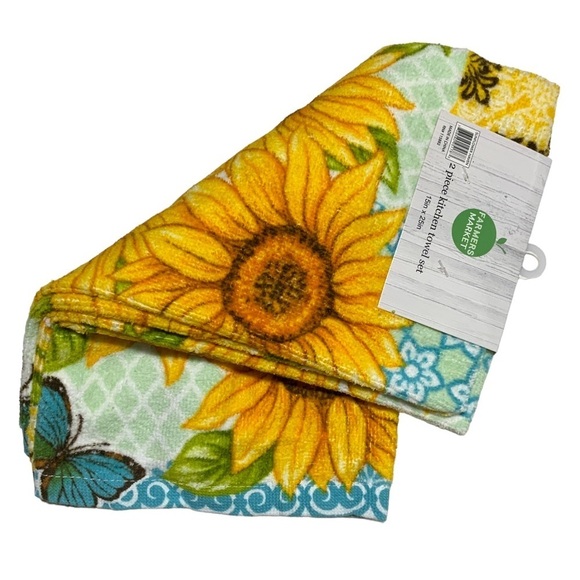 Farmers Market Sunflower Butterfly Kitchen Towels Absorbent Cotton Velour 2 PC - Picture 5 of 16